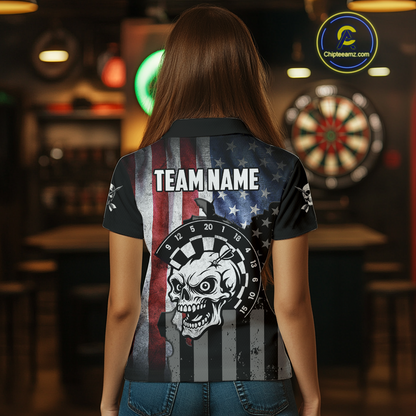 Personalized Funny Skull American Flag Dart Shirt For Women Custom Patriotic Darts Team Jerseys TDM4172
