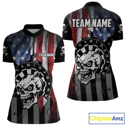 Personalized Funny Skull American Flag Dart Shirt For Women Custom Patriotic Darts Team Jerseys TDM4172
