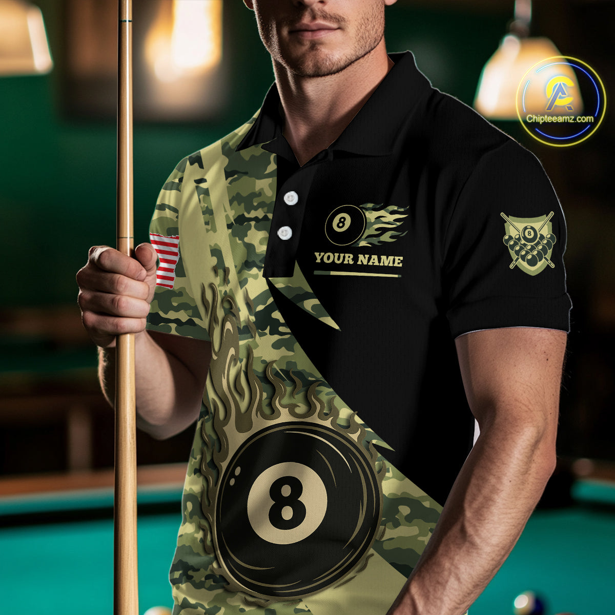 Personalized Flame 8 Ball Pool Military Green Camo Billiard Shirts For Men Custom Pool Team Jersey TDM4187