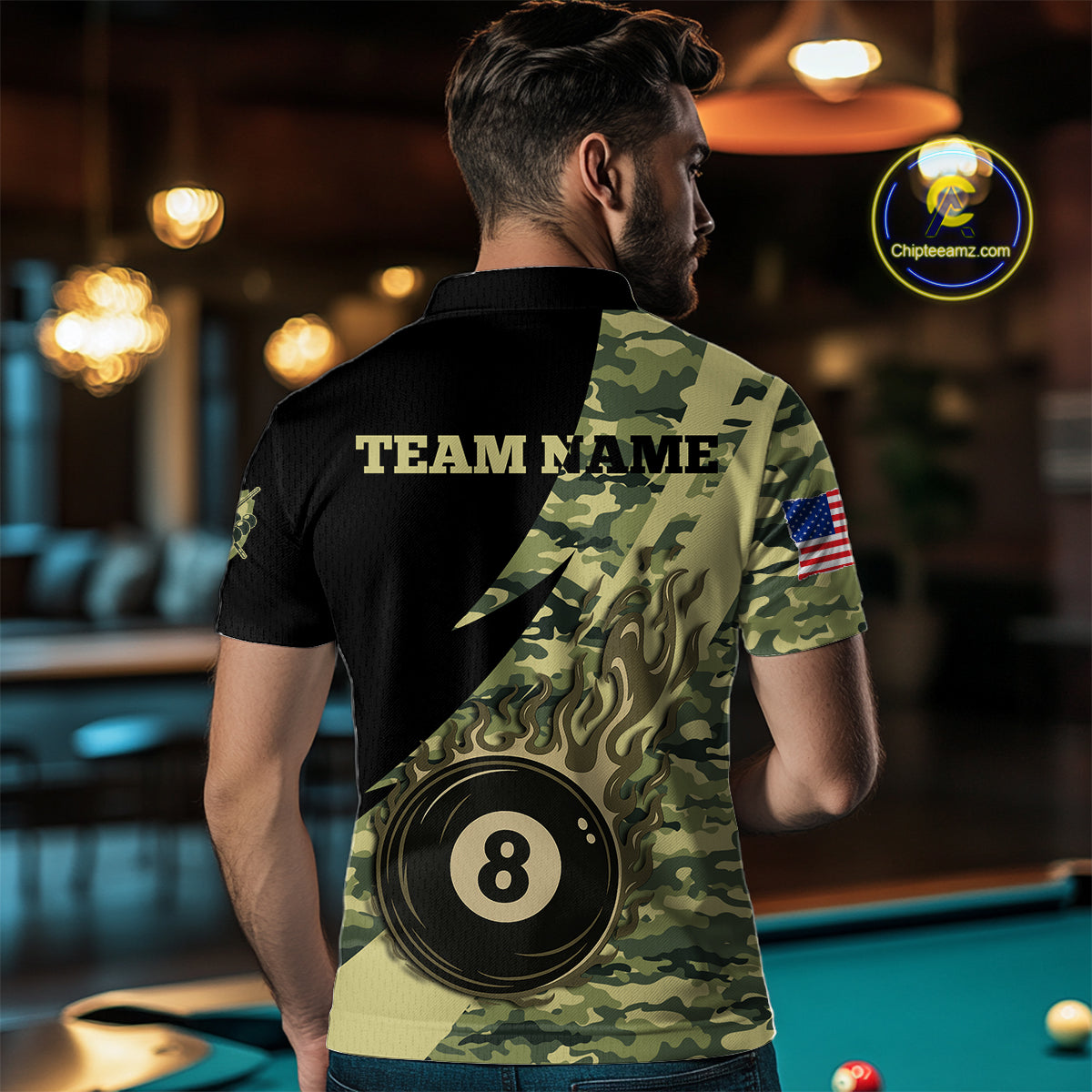 Personalized Flame 8 Ball Pool Military Green Camo Billiard Shirts For Men Custom Pool Team Jersey TDM4187