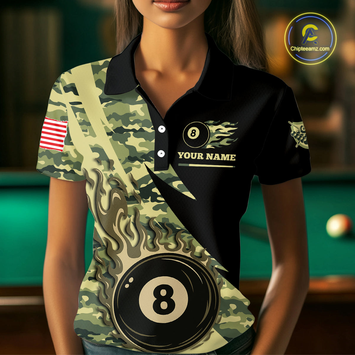 Personalized Flame 8 Ball Pool Military Green Camo Billiard Shirts For Women Custom Pool Team Jersey TDM4187