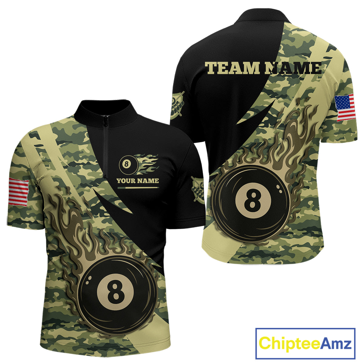 Personalized Flame 8 Ball Pool Military Green Camo Billiard Shirts For Men Custom Pool Team Jersey TDM4187
