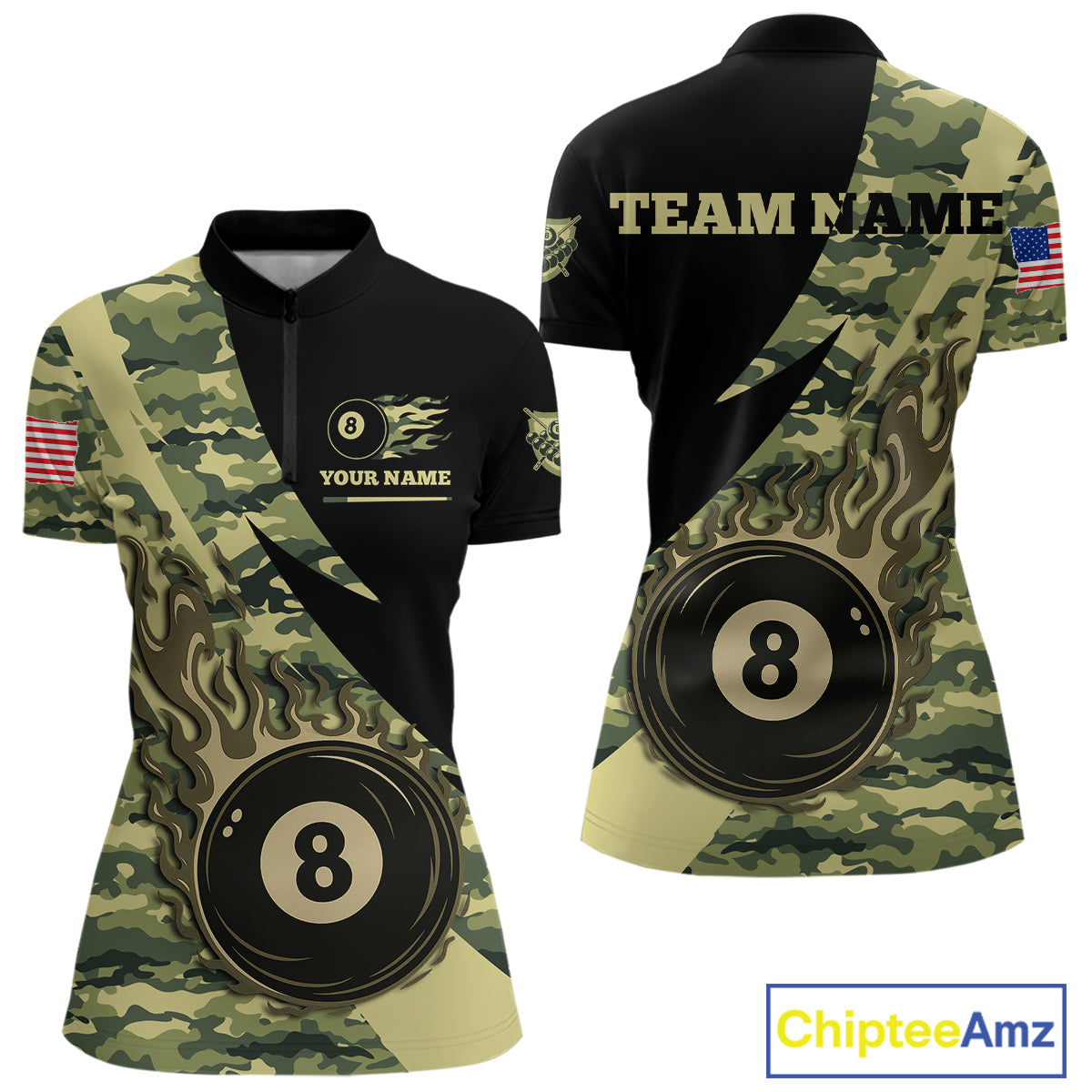 Personalized Flame 8 Ball Pool Military Green Camo Billiard Shirts For Women Custom Pool Team Jersey TDM4187