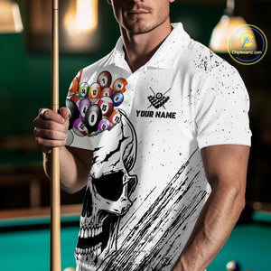 Personalized White Grunge Billiard Balls Skull Pool Shirt For Men, Funny Billiard Team Jersey TDM4578