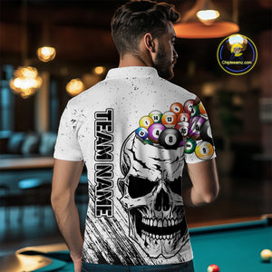 Personalized White Grunge Billiard Balls Skull Pool Shirt For Men, Funny Billiard Team Jersey TDM4578