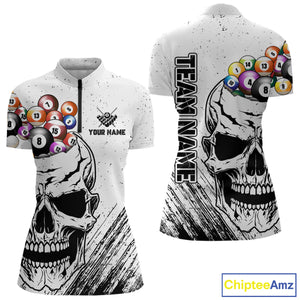 Personalized White Grunge Billiard Balls Skull Pool Shirt For Women, Funny Billiard Team Jersey TDM4578