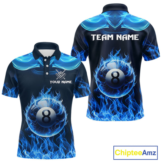 Blue Flaming 8 Ball Pool Billiard Shirts For Men Custom Polo & Quarter Zip Billiard Team Jerseys TDM3999