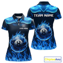 Load image into Gallery viewer, Blue Flaming 8 Ball Pool Billiard Shirts For Women Custom Polo &amp; Quarter Zip Billiard Team Jerseys TDM3999