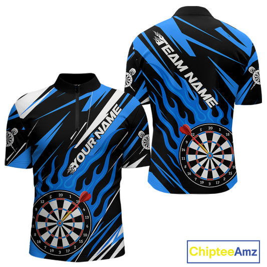 Blue Dartboard Flame Custom Dart Shirts For Men, Darts Team Jerseys Polo & Quarter Zip Shirts TDM4004