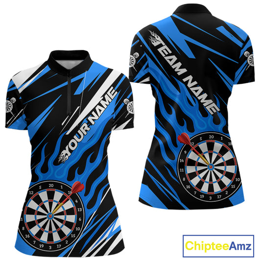 Blue Dartboard Flame Custom Dart Shirts For Women, Darts Team Jerseys Polo & Quarter Zip Shirts TDM4004