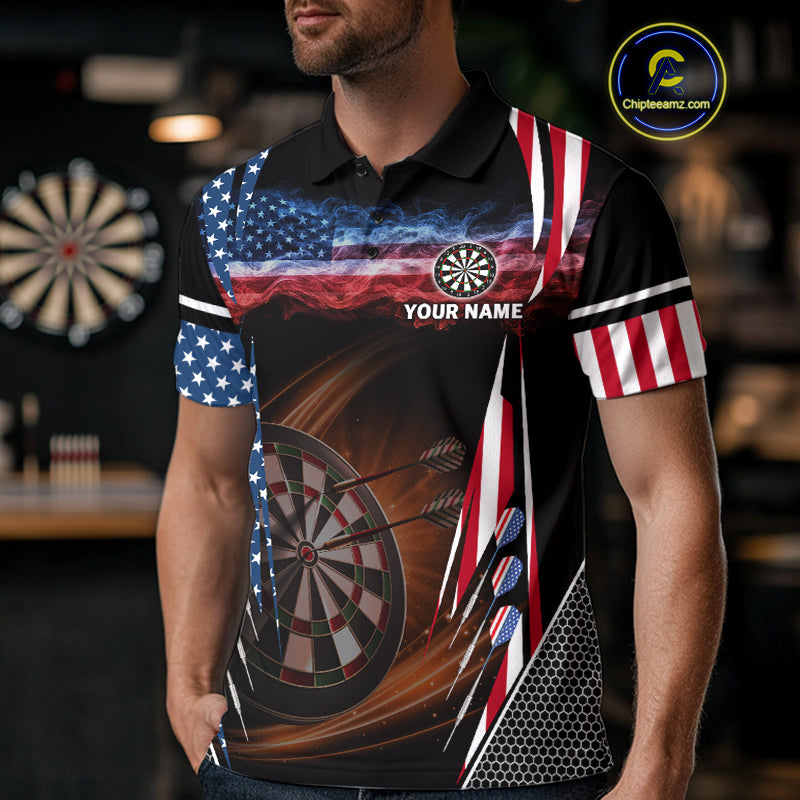 Personalized American Flag Dartboard Fire Flame Darts Shirt For Men, Patriotic Darts League Jersey TDM4796