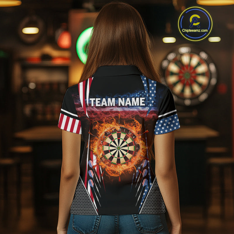 Personalized American Flag Dartboard Fire Flame Darts Shirt For Women, Patriotic Darts League Jersey TDM4796