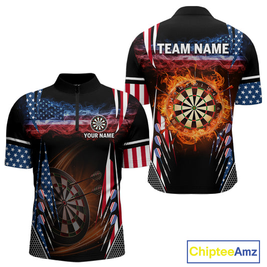 Personalized American Flag Dartboard Fire Flame Darts Shirt For Men, Patriotic Darts League Jersey TDM4796
