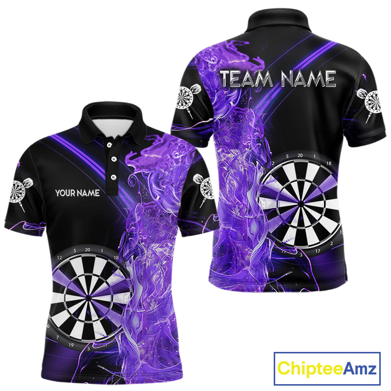 Custom Black And Purple Flame Darts Shirts For Men, Darts Team Jerseys Polo & Quarter Zip Uniform TDM4017