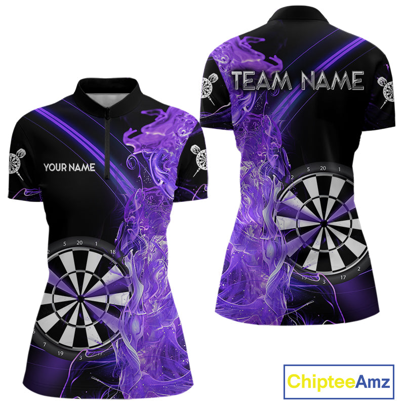 Custom Black And Purple Flame Darts Shirts For Women, Darts Team Jerseys Polo & Quarter Zip Uniform TDM4017