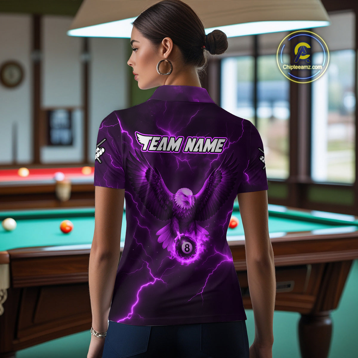 Personalized Eagle Thunder Lightning Purple Billiard Shirt For Women Custom 8 Ball Pool Team Jersey TDM4382