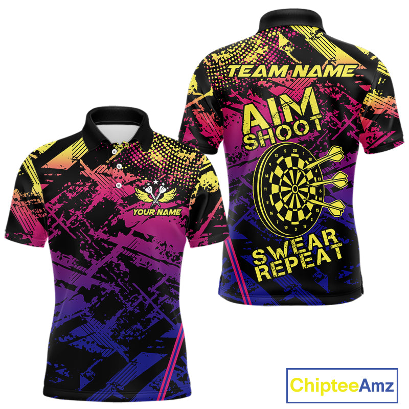 Purple Pink Yellow Grunge Aim Shoot Swear Repeat Dart Shirt For Men Custom Funny Darts Team Jersey TDM4034