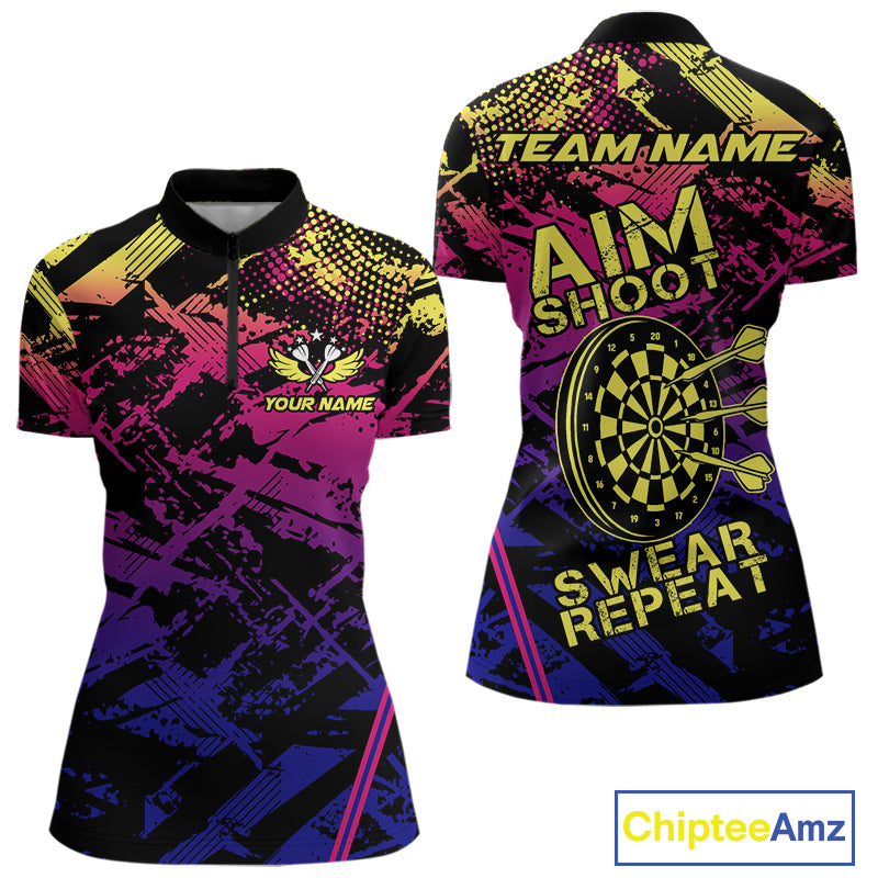 Purple Pink Yellow Grunge Aim Shoot Swear Repeat Dart Shirt For Women Custom Funny Darts Team Jersey TDM4034