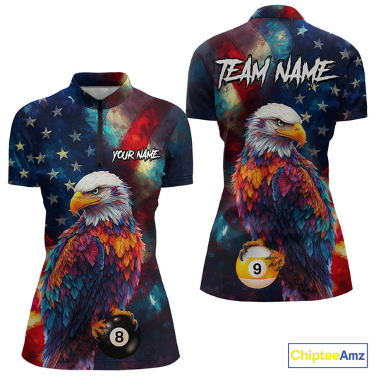 Custom Colorful Eagle 8 Ball & 9 Ball Billiard Shirt For Women, Patriotic US Flag Pool Team Jersey TDM4238
