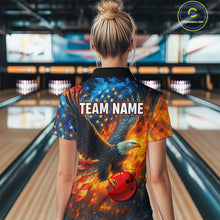 Load image into Gallery viewer, Personalized Orange Flaming American Flag Bowling Shirt For Women Custom Eagle Bowling Team Jersey TDM4642