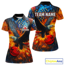 Load image into Gallery viewer, Personalized Orange Flaming American Flag Bowling Shirt For Women Custom Eagle Bowling Team Jersey TDM4642