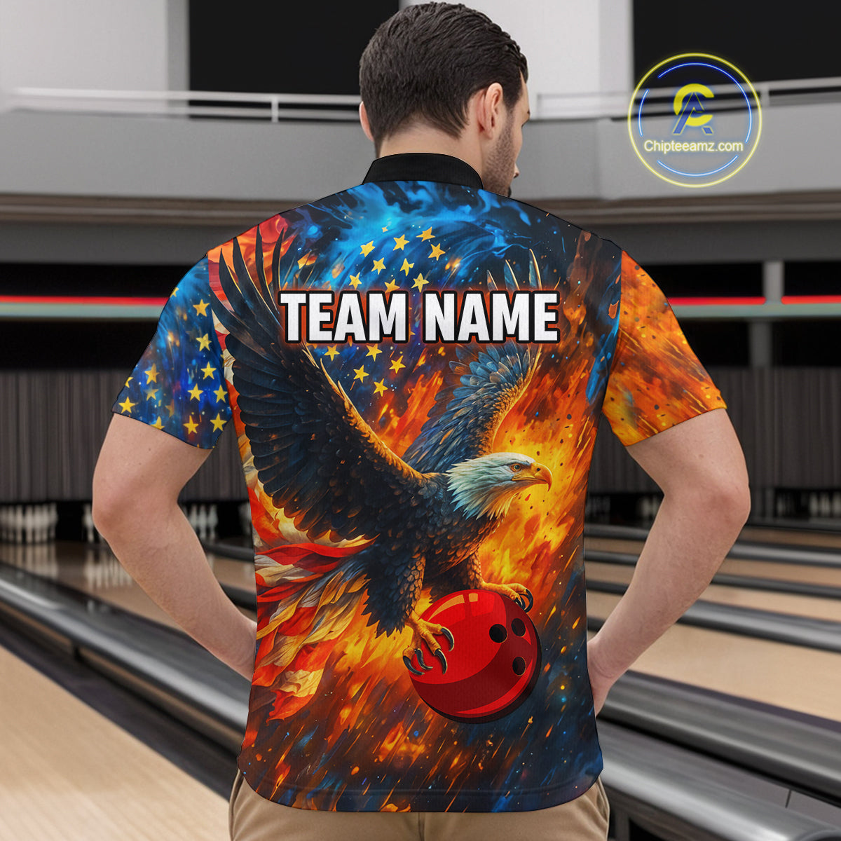 Personalized Orange Flaming American Flag Bowling Shirt For Men Custom Eagle Bowling Team Jersey TDM4642