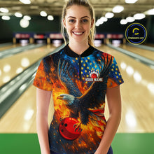Load image into Gallery viewer, Personalized Orange Flaming American Flag Bowling Shirt For Women Custom Eagle Bowling Team Jersey TDM4642