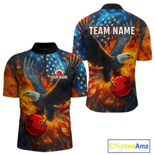Load image into Gallery viewer, Personalized Orange Flaming American Flag Bowling Shirt For Men Custom Eagle Bowling Team Jersey TDM4642