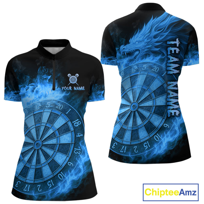 Personalized Blue Dartboard Dragon Flame Darts Shirt For Women Custom Dart Jerseys Polo & 1/4 Zip TDM4070