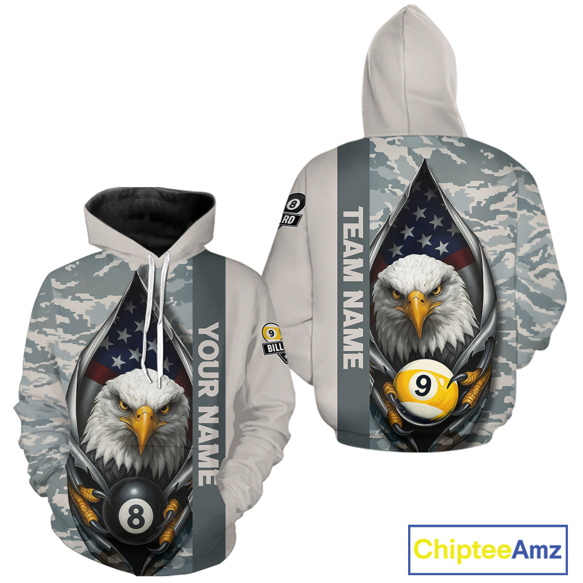 Grey Camo American Flag Eagle 8 Ball & 9 Ball Pool Hoodie Custom Billiard Team Hoodie Shirt TDM4661