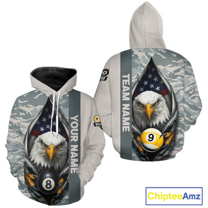 Grey Camo American Flag Eagle 8 Ball & 9 Ball Pool Hoodie Custom Billiard Team Hoodie Shirt TDM4661