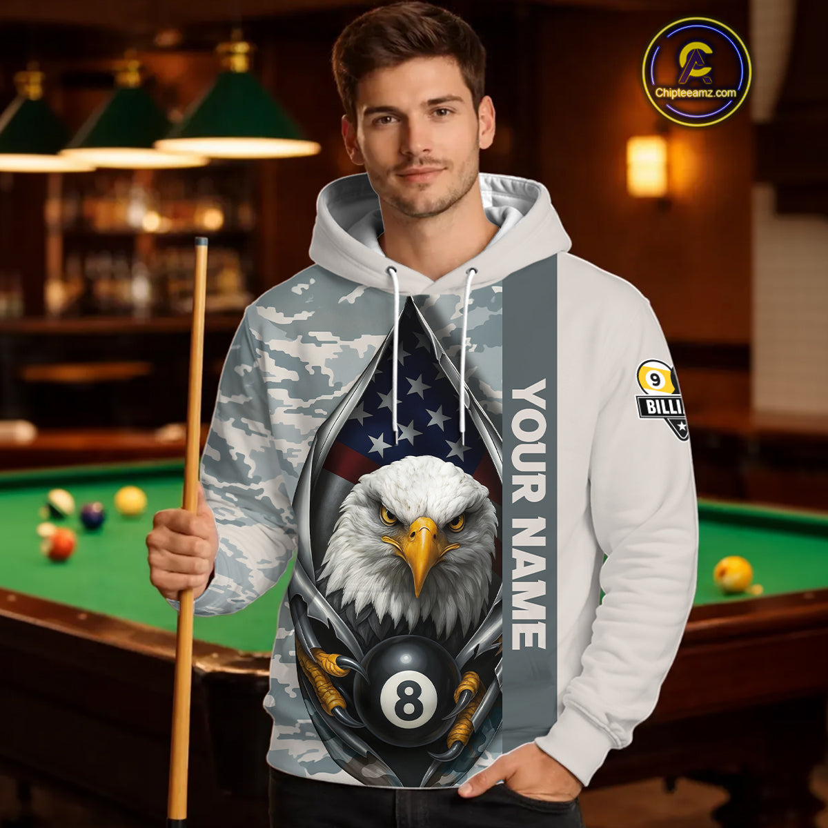 Grey Camo American Flag Eagle 8 Ball & 9 Ball Pool Hoodie Custom Billiard Team Hoodie Shirt TDM4661