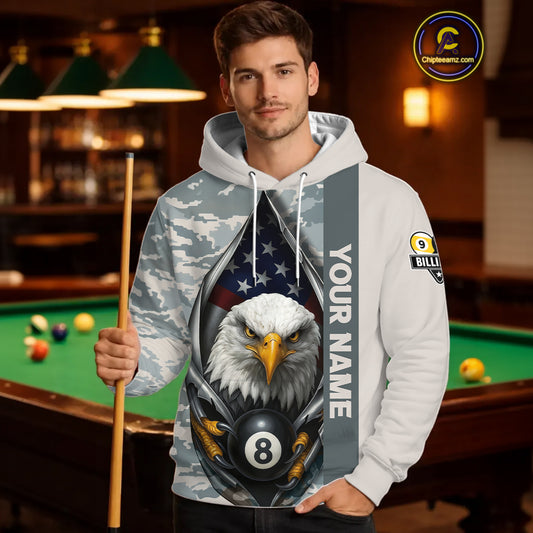 Grey Camo American Flag Eagle 8 Ball & 9 Ball Pool Hoodie Custom Billiard Team Hoodie Shirt TDM4661