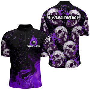 Custom Purple Billiard Skull Fire 8 Ball Men Polo & Quarter-Zip Shirts, Grunge Pool Team Jerseys TDM2829