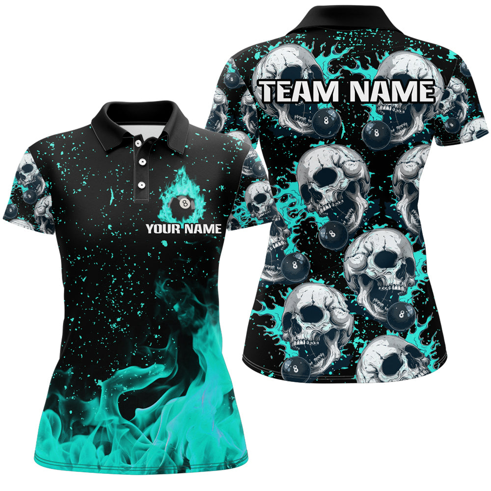 Custom Turquoise Billiard Skull Fire 8 Ball Women Polo & Quarter-Zip Shirts, Grunge Pool Team Jerseys TDM2830