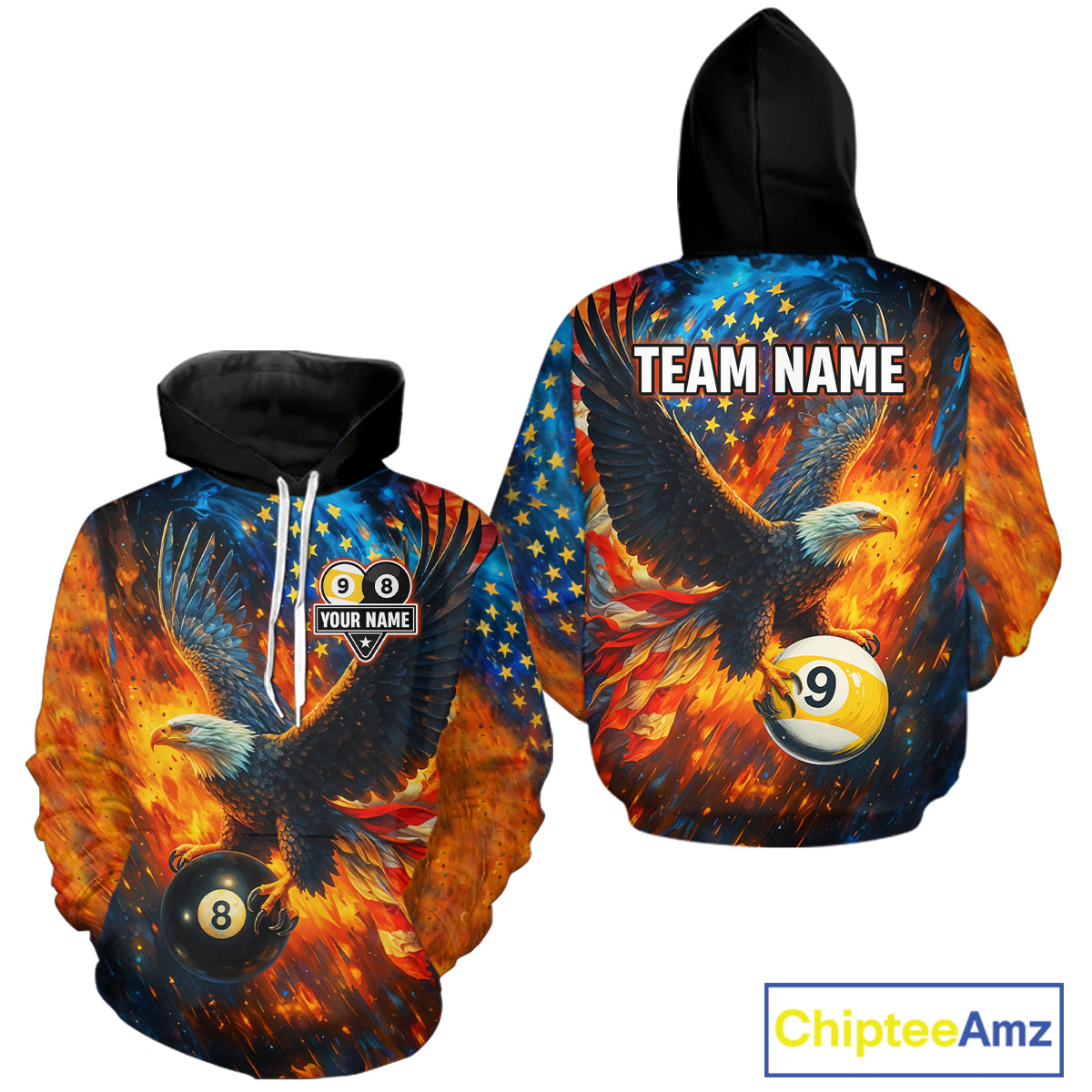 Personalized Orange Flaming US Flag 8 Ball & 9 Ball Billiard Hoodie Custom Eagle Pool Team Shirt TDM4259