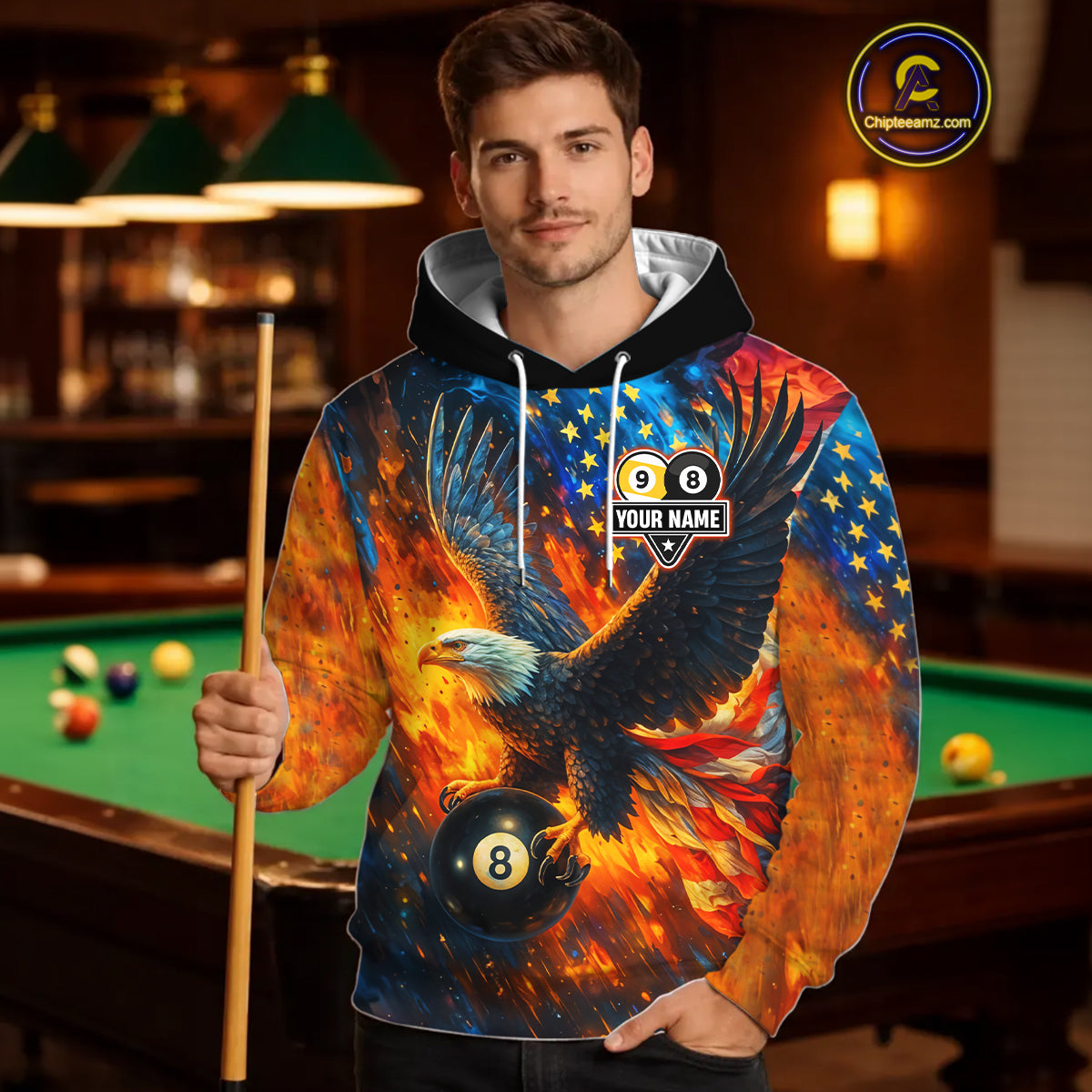 Personalized Orange Flaming US Flag 8 Ball & 9 Ball Billiard Hoodie Custom Eagle Pool Team Shirt TDM4259