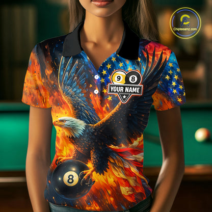 Personalized Orange Flaming US Flag 8 Ball & 9 Ball Eagle Billiard Shirt For Women, Pool Team Jersey TDM4259