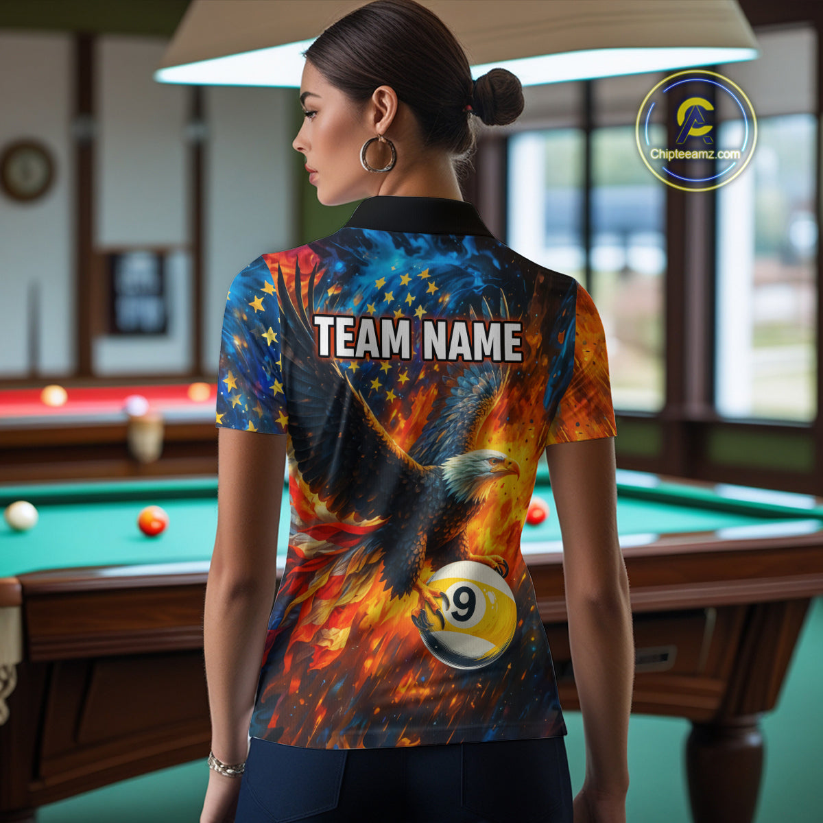 Personalized Orange Flaming US Flag 8 Ball & 9 Ball Eagle Billiard Shirt For Women, Pool Team Jersey TDM4259