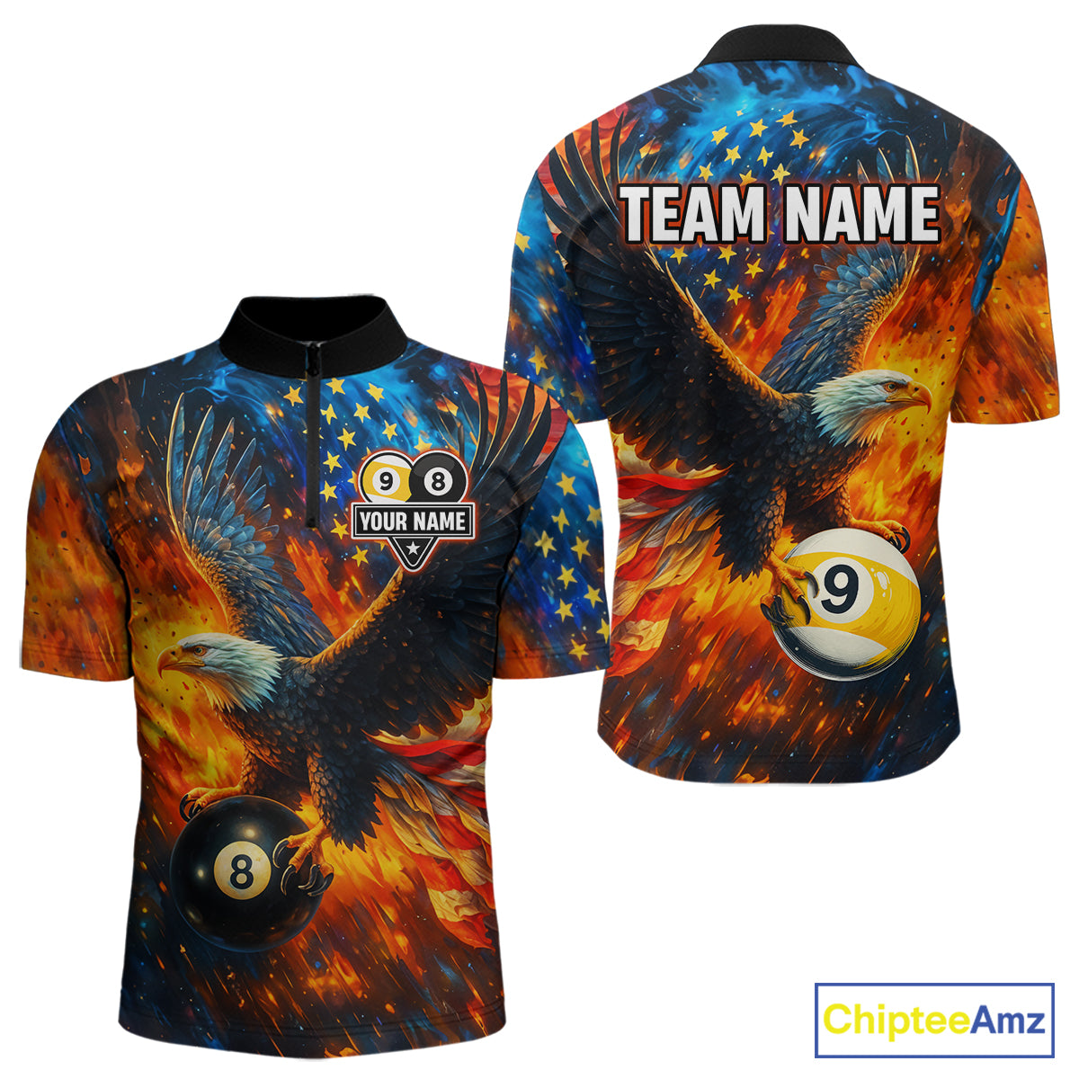 Personalized Orange Flaming US Flag 8 Ball & 9 Ball Eagle Billiard Shirt For Men, Pool Team Jersey TDM4259