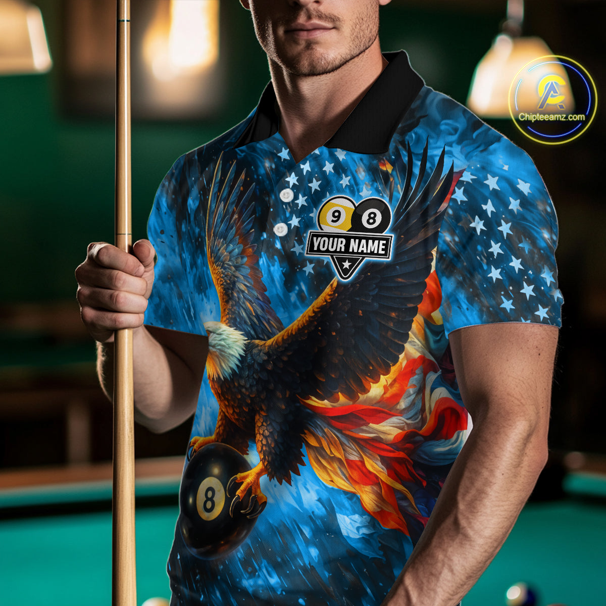 Personalized Blue Flaming US Flag 8 Ball & 9 Ball Eagle Billiard Shirt For Men, Pool Team Jersey TDM4260