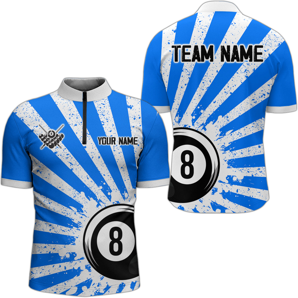 Funny Grunge Billiard 8 Ball Men Polo & Quarter-Zip Shirts Custom Blue 8 Ball Pool Jerseys Attire TDM1694