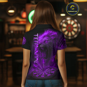 Personalized Fire Flame Lion Darts Shirt For Women Custom Purple Darts League Jersey Polo & 1/4 Zip TDM4679