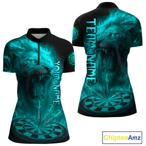 Personalized Turquoise Fire Flame Lion Darts Shirt For Women, Dart League Jersey Polo & 1/4 Zip TDM4680
