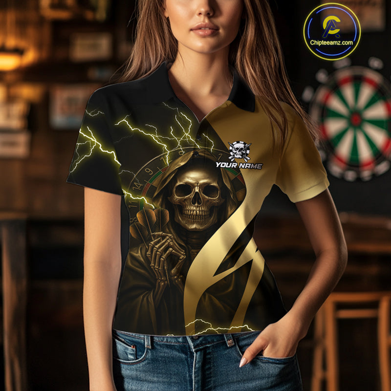 Personalized Golden Grim Reaper Lightning Darts Shirt For Women, Darts Team Jersey Polo &1/4 Zip TDM4271