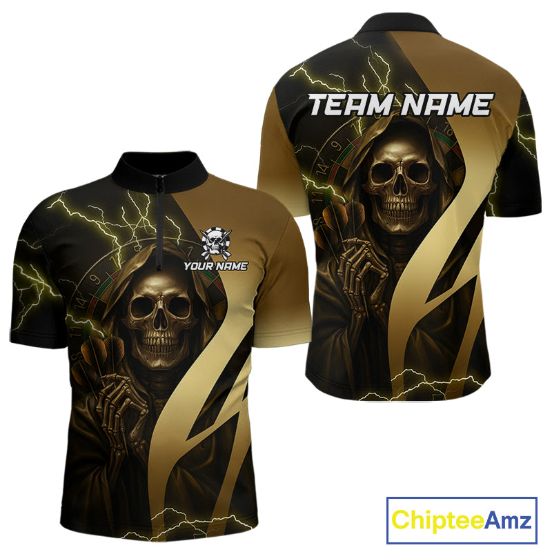 Personalized Golden Grim Reaper Lightning Darts Shirt For Men, Darts Team Jersey Polo &1/4 Zip TDM4271