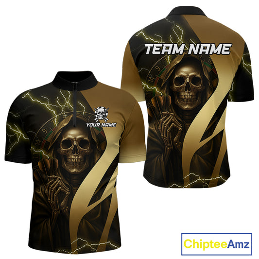 Personalized Golden Grim Reaper Lightning Darts Shirt For Men, Darts Team Jersey Polo &1/4 Zip TDM4271