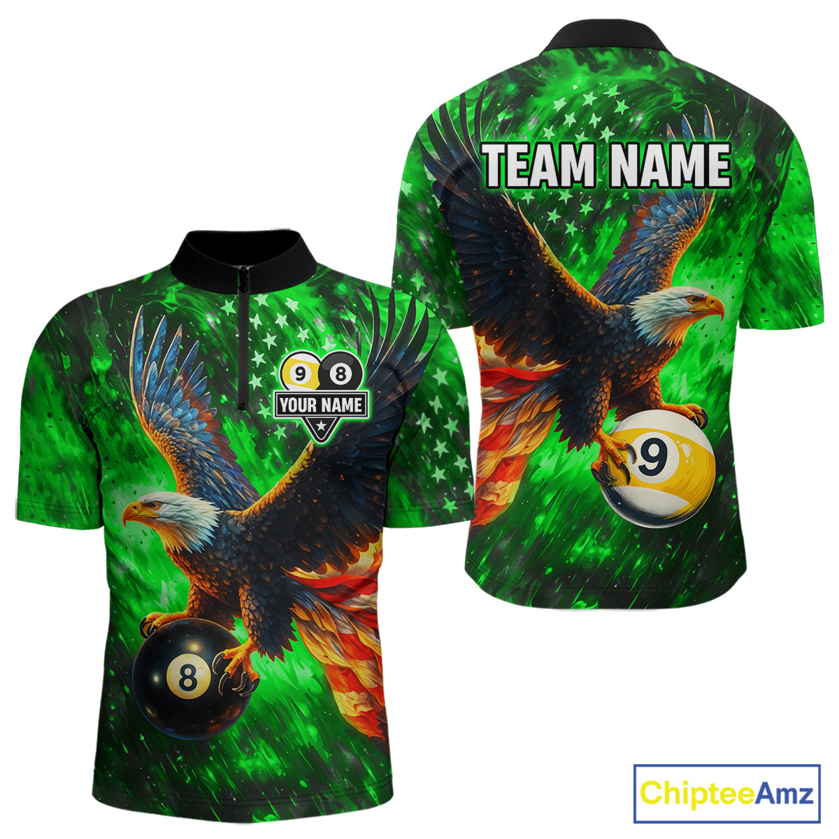 Personalized Green Flaming US Flag 8 Ball & 9 Ball Eagle Billiard Shirt For Men, Pool Team Jersey TDM4437