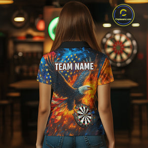 Personalized Orange Flaming US Flag Eagle Darts Shirt For Women, Patriotic Darts Team Jerseys TDM4438