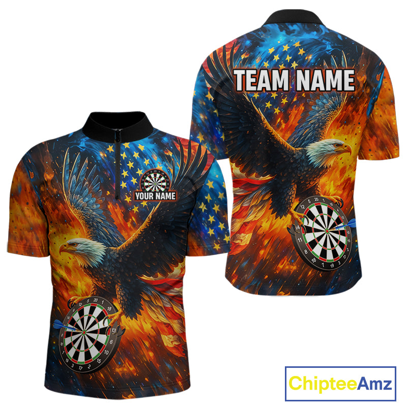 Personalized Orange Flaming US Flag Eagle Darts Shirt For Men, Patriotic Darts Team Jerseys TDM4438
